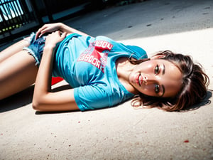 Realistic 16K resolution blue-red tone photography of 1girl, wearing T-shirt and short jeans, sleeping on ground. transparent background and no other objects present, full body,
break, 
1 girl, Exquisitely perfect symmetric very gorgeous face, Exquisite delicate crystal clear skin, Detailed beautiful delicate eyes, perfect slim body shape, slender and beautiful fingers, legs, perfect hands, legs, illuminated by film grain, realistic style, realistic skin texture, dramatic lighting, soft lighting, exaggerated perspective of ((Wide-angle lens depth)),