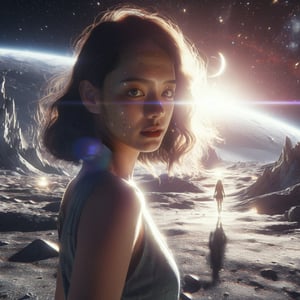 Realistic 8K resolution photography of on moon surface near giant mountain, 1girl with perfect face, walking away from the camera, shot through a five-point perspective prism, Reflect the dynamics of character and light, dramatic scenes with light and sparkle effects. illuminated by film grain, realistic skin, dramatic lighting, soft lighting,((wide angle lens depth)), Extremely details,