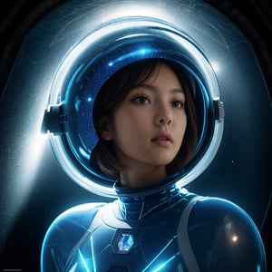 Realistic high resolution low angle view photography of 1girl wearing tight and deep blue space suite, helmet, floating in the air, full_body, transparent background, in space station, 
break, 
1 girl, Exquisitely perfect symmetric very gorgeous face, Exquisite delicate crystal clear skin, Detailed beautiful delicate eyes, perfect slim body shape, slender and beautiful fingers, legs, perfect hands, legs, illuminated by film grain, realistic style, realistic skin texture, dramatic lighting, soft lighting, exaggerated perspective of ((Wide-angle lens depth)),