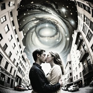 Realistic 16K photography of Klimt style, abstract, asymmetrical, disorderly, bustling streets, high-rise buildings and starry sky, a young couple kissing, childlike, dreamy, simple strokes, surreal (draft lines, delicate splicing)illuminated by film grain, realistic skin, dramatic lighting, soft lighting,((fisheye lens depth)),