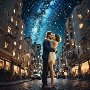 Realistic 16K photography of Klimt style, abstract, asymmetrical, disorderly, bustling streets, high-rise buildings and starry sky, a young couple kissing, childlike, dreamy, simple strokes, surreal (draft lines, delicate splicing)illuminated by film grain, realistic skin, dramatic lighting, soft lighting,((fisheye lens depth)),