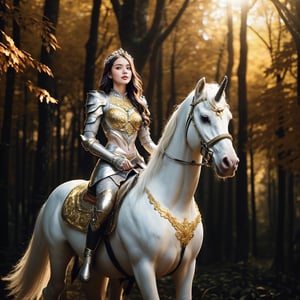 Realistic 16K resolutionphotography of 1 elegant girl clad in intricate silver armor, rides confidently through an enchanting autumn forest on a majestic white unicorn. The unicorn is adorned with ornate golden accessories that match the woman's regal attire, rideing through deep forest,
break,
1girl, Exquisitely perfect symmetric very gorgeous face, Exquisite delicate crystal clear skin, Detailed beautiful delicate eyes, perfect slim body shape, slender and beautiful fingers, legs, perfect hands, legs, illuminated by film grain, realistic style, realistic skin texture, dramatic lighting, soft lighting, exaggerated perspective of ((Wide-angle lens depth)),