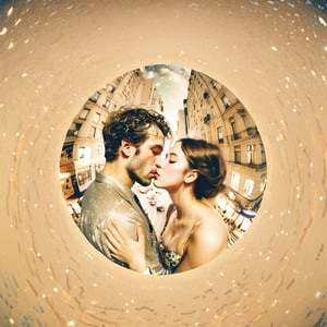 Realistic 16K photography of Klimt style, abstract, asymmetrical, disorderly, bustling streets, high-rise buildings and starry sky, a young couple kissing, childlike, dreamy, simple strokes, surreal (draft lines, delicate splicing)illuminated by film grain, realistic skin, dramatic lighting, soft lighting,((fisheye lens depth)),