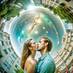 Realistic 16K photography of Klimt style, abstract, asymmetrical, disorderly, bustling streets, high-rise buildings and starry sky, a young couple kissing, childlike, dreamy, simple strokes, surreal (draft lines, delicate splicing)illuminated by film grain, realistic skin, dramatic lighting, soft lighting,((fisheye lens depth)),