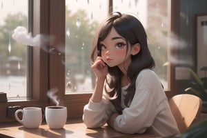ebony skintone, full window, girl sitting in a window, rainy weather outside, cozy room, clean detail, steaming coffee mug in hand, holding coffe mug,