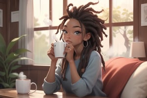 ebony skintone, full window, girl sitting in a window, rainy weather outside, cozy room, clean detail, steaming coffee mug in hand, holding coffe mug, locs_hairstyle