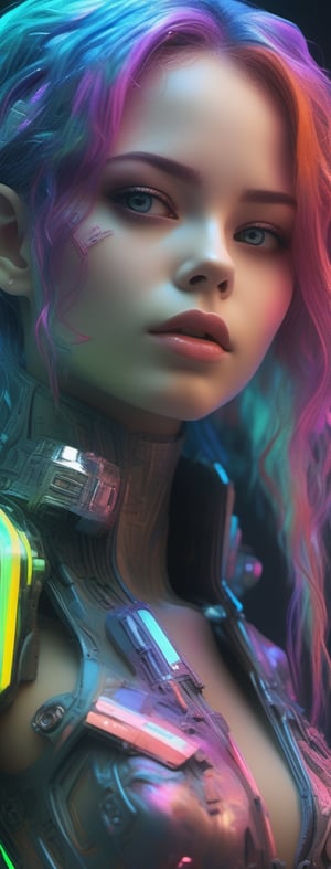 Watercolor portrait of a cute neon girl with iridescent colors and a CYBERNETIC face, perfect composition, hyperrealistic, super detailed, 8k, high quality, trending art, trending on artstation, sharp focus, studio photo, intricate details, highly detailed, by greg rutkowski, illustration, watercolor, yuji shinkawa