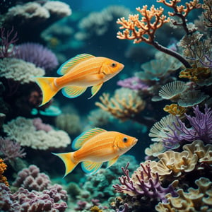 centered, focused, a fish with amazing colorful golden colors among corals in sea, colorful wide fins, detailed skin and tints, colorful lush plants underwater, best quality, masterpiece, DSLR, bokeh, underwater, 