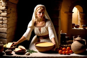 ((Mary is an ancient Israelite at first century AD, preparing foods on table:cheese, milk on pottery, bread,vegetables)). She is beautiful female 25yo, blond hair, detailed eyes, detailed face, wearing ancient israelite garment. Inside a simple house from white stones, potteries, side photo, lighting from windows, reflections, shadows, blooms, detailmaster2