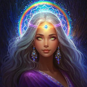 portrait of Celestial Being, power of life, supreme queen, halo of colorful lights, royal queen robe, female, happy, very beautiful, beautiful eyes, welcoming, transparent beautiful hair, (glowing silver eyes:2), ((strong inner light)), glowing, rainbow color aura, majestic, magnificent, detailed texture, levitating, various poses, fantasy, masterpiece, best quality, ultra quality,    dark sky, ,Magical Fantasy style