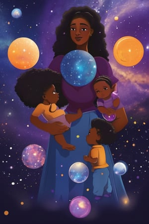 At the top, a beautiful black mother. 
At the middle, a human baby. 
At the bottom,seven galaxies orbiting a center. 
orbs of orange, blue, and yellow color. 
Purple and blue dark background, 