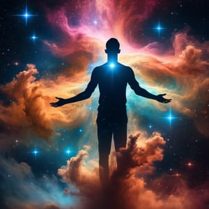 Gigantic Spirit Being levitating among the stars and nebula, unclear form, like a glowing cloud, transparent, inner glowing, (various vivid-color aura, various-color twinkling particles), contrast, beautiful, photo, detailed , cosmic background
texture, levitating, fantasy,  masterpiece, best quality, ultra quality, various angle, dark cosmic background. ,