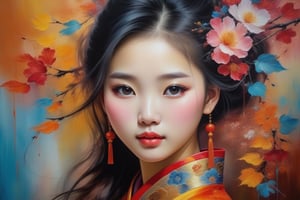 girl figure, Chinese, vibrant pigments, simulated textures, blurs between real and artificial, oil painting