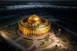 fantasy, alien, huge circular temple of worship, gold central dome decorated with colorful lasers, made of various metals and crystals, in the midst of a lake, small ships on lake, realistic, at night, misty, colorful lightings from all directions, drone view, misty, complex_background