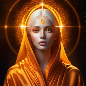 Celestial Being of Mercy, unisex, perfect face, nice, transparent hair, wearing body robe, (glowing Citrine eyes), inner glowing,  dark-orange color aura, photo, detailed texture, levitating, fantasy,  masterpiece, best quality, ultra quality, various angle, dark cosmic background. ,