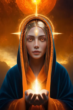 various shot, fantasy Celestial Being,  beautiful face, welcoming, transparent neat hair, wearing body robe, glowing gold eyes, inner light, glowing, orange aura, detailed texture, levitating, masterpiece, best quality, ultra quality,    dark sky, 