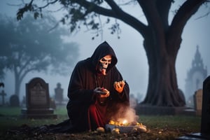 a demonic figure inhales the odor of food offerings under a tree near a grave, foggy, scary night background. High bokeh, high focus, best picture, delicate, smooth background, beautiful, taken on sharp Leica lens