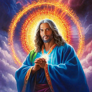portrait of a powerful Celestial Being, power of life, supreme king, halo of colorful lights, royal king robe, happy, very handsome, beautiful eyes, welcoming, transparent hair, (glowing silver eyes:2), ((strong inner light)), glowing, rainbow color aura, majestic, magnificent, detailed texture, levitating, various poses, fantasy, masterpiece, best quality, ultra quality,    dark sky, ,Magical Fantasy style