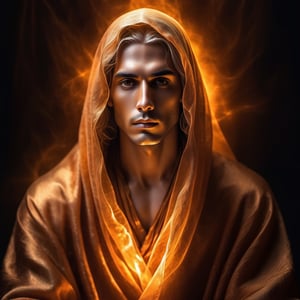 Celestial being of Strength, unisex masculine, beautiful face, nice, transparent hair, wearing body robe, glowing Bronze eyes, inner light, glowing, bronze aura, photo, detailed texture, levitating, fantasy, masterpiece, best quality, ultra quality, various angle, dark cosmic background. ,photo of a transparent ghost