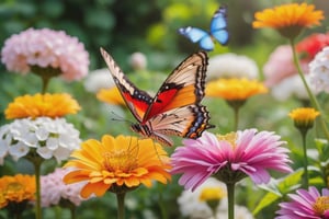 Various butterflies and blooming flowers in a garden. Fresh, vivid, beautiful, natural, focus, realistic, delicate, light effects 