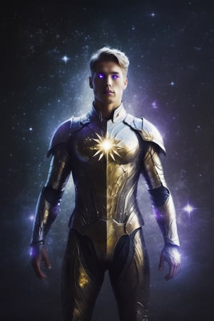 Digital painting, fantasy {Celestial}, male, transparent, gold glitter armor body suit, silver energy field around his body, brilliant, emit violet aura, (cosmic star eyes), half body, night, bokeh ,ghost