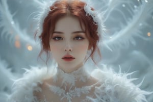 A morbid beauty in celestial outfit, red hairs, closeup, simple smooth background, bokeh, magical telepathic eyes, Fractal Art, closed lips, strong white aura, (Colorful Colors), White Elegance, calm expression, goth person,DonMM4g1cXL,