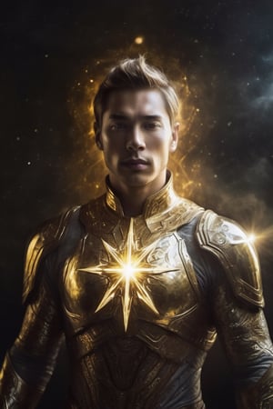 Digital painting, fantasy {Celestial}, male, human face, kind, gold armor body suit, energy field around his body, golden aura, fire from hands,(cosmic star eyes), night, blurry, ghost