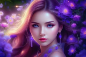 photo of a very beautiful girl at ultraviolet light, realistic, detailed, delicate, natural, flowers and garden background, uhd,  