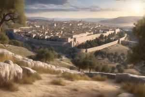 Ancient city of Jerusalem, seen from Mount Olives, biblical, in the time of Jesus at first century AD, morning, detailed, photorealistic  