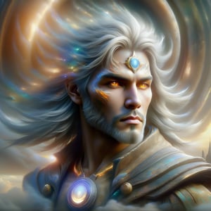 long shot, hyper detailed masterpiece, spirit male, young, king, fatherly, emblem on his forehead, strong, wise, powerful, kind, wisdom, glowing Gold eyes, double-concentric circle emblem, DonMB4nsh33XL,moonshine very-short colorful transparent hair, dystopian cityscape, cosmic, summit, DonM3t3rn1tyXL