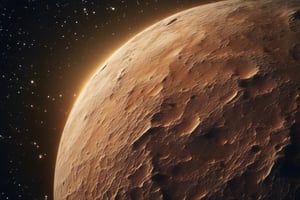 Close-up of one brown planet surface and atmosphere. Starry background. Taken by UHD Camera, sharp, ultra detailed, ultra realistic, detailed texture, accurate, detailed, light effects 