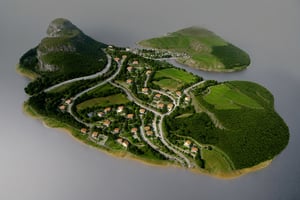 concept art, top down view, Game scenes, miniature maps, wide, 1x1 mile, landscape, houses, rock, stairs, trees, houses, bridge, valley, detailed, realistic, sharp 