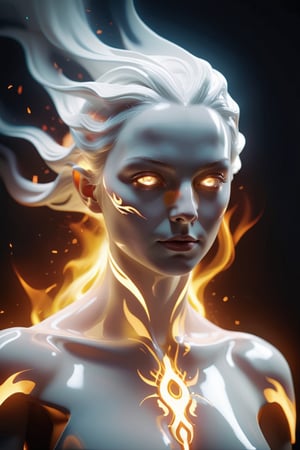 a bust portrait of a nice woman with a white fire on his face, fire gold eyes, looking softly to camera, unisex with flat breasts, wearing glossy latex, beautiful face, ethereal, digital art by tomasz alen kopera, a vfx art made in after effects, linear thin lines, trending on Artstation, digital art, ghost of the white fire spirit, white fire elemental, kind god, hair made of white fire, white fire gods, body made of white fire