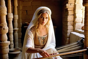 ((Mary is an ancient Israelite at first century AD, working with looms)). She is beautiful female 25yo, blond hair, detailed eyes, detailed face, wearing ancient israelite garment. Inside a simple house from white stones, potteries, side photo, lighting from windows, reflections, shadows, blooms, detailmaster2