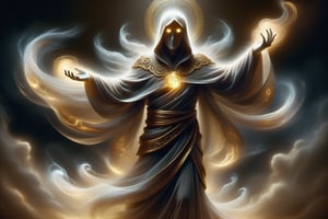 a ornate ghost, brown color, strong body, wearing a robe, mysterious, kind, gold glowing eyes 