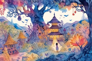 Indonesian Batik design,colorful illustration,Simple art,Treant, tree, flowers,,emo,watercolor \(medium\), ,Anime landscape,papercut,dreamscape,Flat Design,doodle,doodleredm