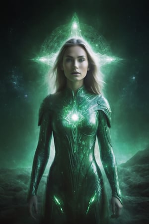 Digital painting, fantasy {Celestial}, female, human face, full of wisdom,kind, glittering emerald armor body suit, energy field around his body, green aura, electricity from hands,((cosmic star eyes)), night, blurry, cosmic background, ghost