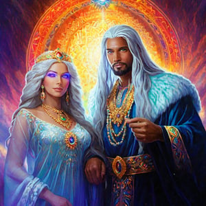 portrait of a pair of Celestial King and Queen, power of life, supreme, halo of colorful lights, royal robes, happy, very beautiful, beautiful eyes, welcoming, transparent hair, (glowing silver eyes:2), ((strong inner light)), glowing, rainbow color aura, majestic, magnificent, detailed texture, levitating, various poses, fantasy, masterpiece, best quality, ultra quality,    dark sky, ,Magical Fantasy style