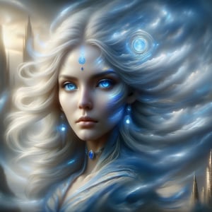 long shot, hyper detailed masterpiece, spirit female, wise, helpful, kind, wisdom, knowledge, glowing Blue-Sapphire eyes, double-concentric circle emblem, DonMB4nsh33XL,moonshine flowing transparent hair, dystopian cityscape, cosmic, summit, DonM3t3rn1tyXL