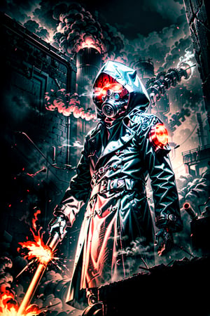 solo man, late 40's, metal gas mask, iron boots, ((crude oversized mechanical cyborg, glowing mechanical disk on wrist, exhaust ports venting steam:1.3)), bare left hand, ((open crimson trench coat with crimson hood:1.5)), glowing red eyes, black pants, holstered revolver, wielding blowtorch, menacing, advancing towards viewer, low point of view looking up, dark steampunk factory interior setting, gears in background, fires in background, dungeons and dragons character style, midnight, dynamic lighting, shadows, darkness, dim

five fingers, perfect hands, best quality, masterpiece, beautiful, perfect anatomy