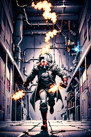 solo man, gray chestplate with pressure gauges and pipes, iron gas mask concealing face, grey iron boots, ((open crimson colored trench coat with hood)), glowing red eyes, oversized mechanical gauntlet worn on right hand with large eldritch disk on wrist, black pants, jetpack, holding blowtorch in left hand, menacing tone, dynamic pose, running, fantasy steampunk factory interior setting, conveyor belts in background, dungeons and dragons character style, midnight, dim lighting, shadows, darkness

five fingers, perfect hands, best quality, masterpiece, beautiful,4k