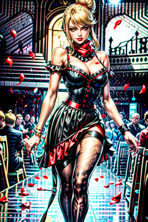 beautiful woman with pale skin, blond hair in bun with roses, yellow eyes, red lipstick, formal, jewelry, earrings, bracelets, ((red tango skirt with ruffle trim, black blouse with straps falling off shoulders:1.4)), hourglass figure, large breasts, long red scarf, high heels, pink claws, eyeliner, smiling, smug, smirking, seductive expression, rose petals in air, walking towards viewer, looking at viewer, hand extended, come hither, ballroom setting, gala, crowd of random people watching in background, nighttime, dynamic lighting, spotlight, 

five fingers, perfect hands, best quality, masterpiece, beautiful, ,sciamano240, perfect face,samus aran