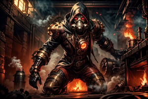 solo male, steampunk chestplate, metal gas mask, iron boots, oversized mechanical gauntlet on right hand, exhaust ports venting steam attached to armor, fingerless glove on left hand, open crimson trench coat with hood, glowing red eyes, black pants, dynamic pose, action pose, multiple poses, menacing atmosphere, dramatic pov, dark steampunk factory interior setting, gears in background, fires in background, dungeons and dragons character style, midnight, volumetric lighting, shadows, darkness, dim,

five fingers, perfect hands, best quality, masterpiece, beautiful, perfect anatomy,steam4rmor,lolstyle
