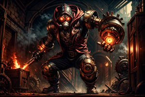 solo male, steampunk chestplate, metal gas mask, iron boots, ((oversized mechanical gauntlet on right hand)), exhaust ports venting steam attached to armor, fingerless glove on left hand, (open red trench coat with hood), glowing red eyes, black pants, dynamic pose, action pose, multiple poses, menacing atmosphere, dramatic pov, dark steampunk factory interior setting, gears in background, fires in background, dungeons and dragons character style, midnight, volumetric lighting, shadows, darkness, dim,

five fingers, perfect hands, best quality, masterpiece, beautiful, perfect anatomy,steam4rmor,lolstyle