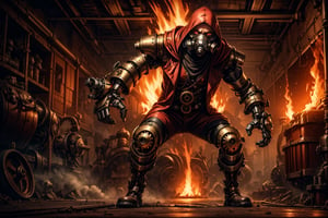 solo male, steampunk chestplate, metal gas mask, iron boots, BREAK (oversized mechanical gauntlet on right hand:1.5), BREAK exhaust ports venting steam attached to armor, BREAK fingerless glove on left hand, BREAK (open red trench coat with hood:1.3), BREAK (glowing red eyes:1), black pants, BREAK dynamic pose, action pose, multiple poses, menacing atmosphere, dramatic pov, dark steampunk factory interior setting, gears in background, fires in background, dungeons and dragons character style, midnight, volumetric lighting, shadows, darkness, dim,

five fingers, perfect hands, best quality, masterpiece, beautiful, perfect anatomy,steam4rmor,lolstyle