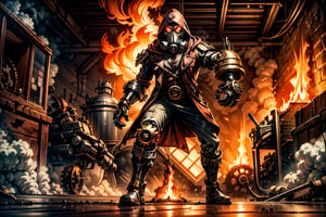 solo male, steampunk chestplate, metal gas mask, iron boots, BREAK (oversized mechanical gauntlet on right hand:1.5), BREAK exhaust ports venting steam attached to armor, BREAK fingerless glove on left hand, BREAK (open red trench coat with hood:1.3), BREAK (glowing red eyes:1), black pants, BREAK dynamic pose, action pose, multiple poses, menacing atmosphere, dramatic pov, dark steampunk factory interior setting, gears in background, fires in background, dungeons and dragons character style, midnight, volumetric lighting, shadows, darkness, dim,

five fingers, perfect hands, best quality, masterpiece, beautiful, perfect anatomy,steam4rmor,lolstyle
