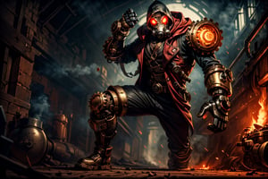 solo male, steampunk chestplate, metal gas mask, iron boots, ((oversized mechanical gauntlet on right hand)), exhaust ports venting steam attached to armor, fingerless glove on left hand, (open red trench coat with hood), glowing red eyes, black pants, dynamic pose, action pose, multiple poses, menacing atmosphere, dramatic pov, dark steampunk factory interior setting, gears in background, fires in background, dungeons and dragons character style, midnight, volumetric lighting, shadows, darkness, dim,

five fingers, perfect hands, best quality, masterpiece, beautiful, perfect anatomy,steam4rmor,lolstyle