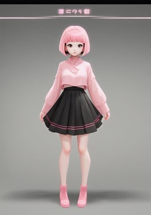 pink mini_skirt , pink top, centered,standing straight, foward facing, white background, bob_cut