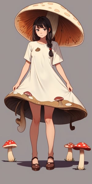 1 girl, facing foward,mushroom dress, simple background