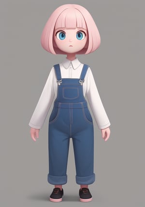 pink overall , white top, centered,standing straight, foward facing, white background, bob_cut